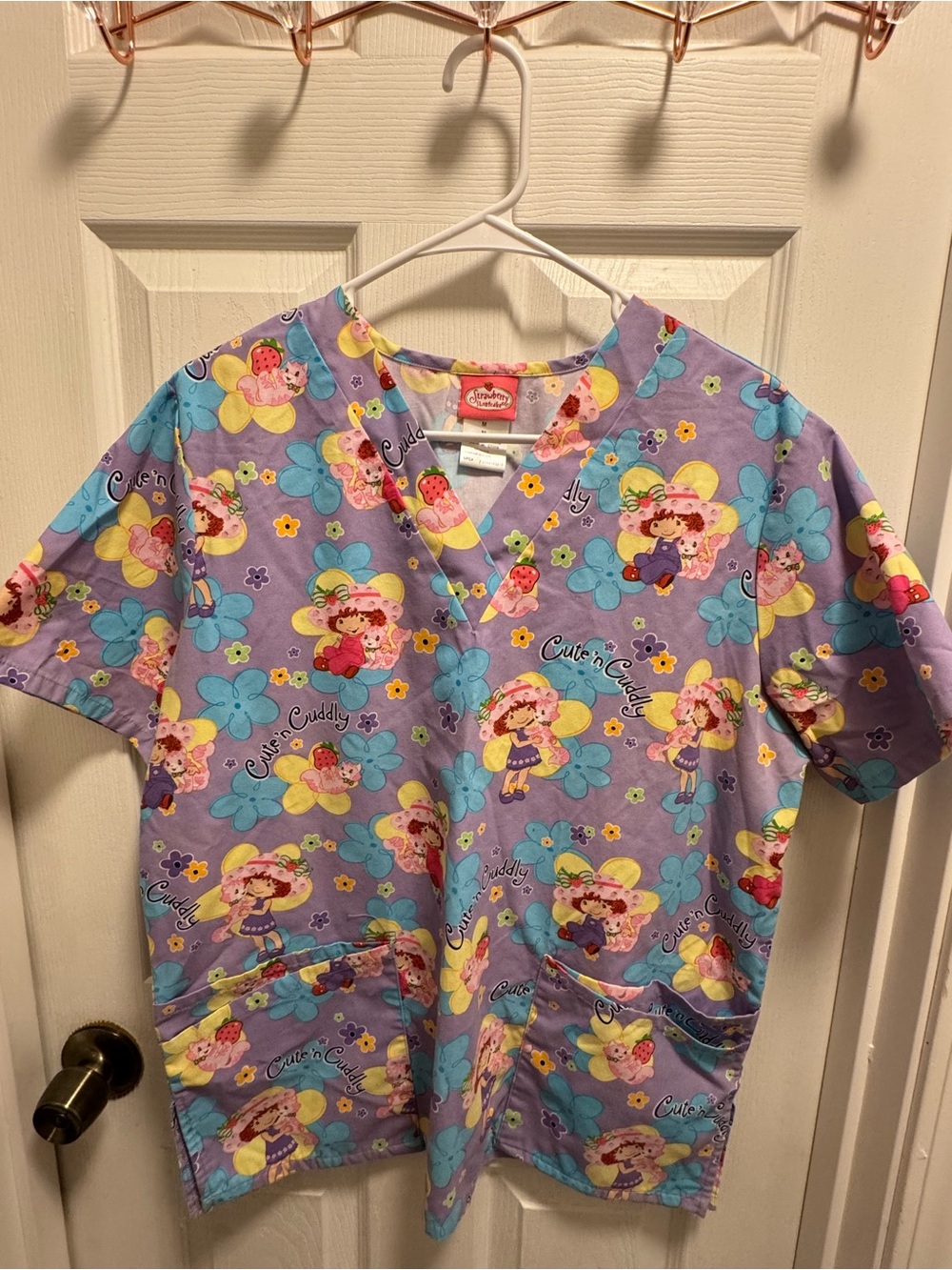 Strawberry Shortcake Purple Print V-Neck Scrub Top